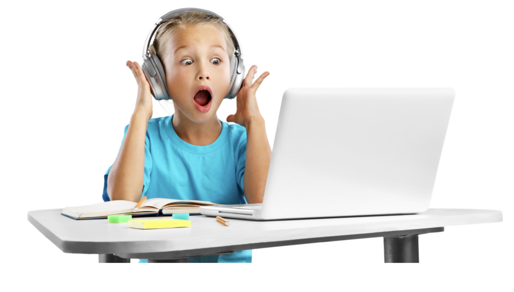 happy and surprised boy completing activity on computer